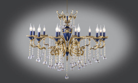 Gold Plated Colored Chandelier 12 Bulb Decorated Arms